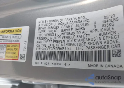 2023 Honda Civic Sport z USA, uszkodzony, nr VIN 2HGFE2F52PH551144